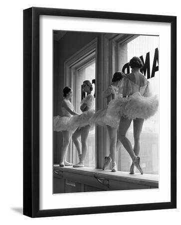 Ballerinas on Window Sill in Rehearsal Room at George Balanchine's School of American Ballet - Black Framed Art Print Wall Art, 12x16