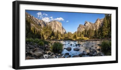 California, Panoramic View of Merced River, El Capitan, and Cathedral Rocks in Yosemite Valley - Black Framed Art Print Wall Art, 24x12