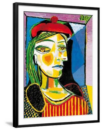 Girl with Red Beret - Black Framed Art Print Wall Art, 24x31