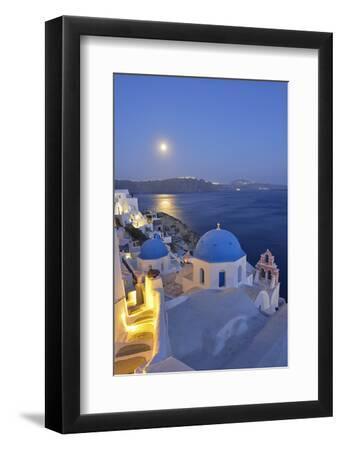 Moon over the Town of Oia, Santorini, Kyclades, South Aegean, Greece, Europe - Black Framed Art Print Wall Art, 8x12