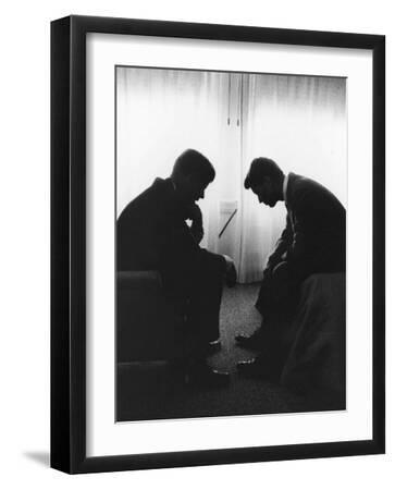 Senator John F Kennedy Conferring with His Brother and Campaign Organizer Bobby Kennedy - Black Framed Art Print Wall Art, 12x16
