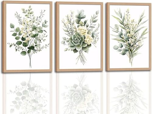3Pcs Framed Vintage Botanical Wall Art Plant Floral Watercolor Canvas Prints Sage Green Painting Eucalyptus Leaf Picture Modern Minimalist Boho...