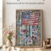 American Flag and Flower Collage Mixed-Media Wall Art, 5 x 7 Inch, Americana Theme, Unmatted