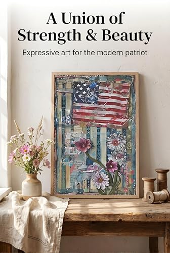 American Flag and Flower Collage Mixed-Media Wall Art, 5 x 7 Inch, Americana Theme, Unmatted