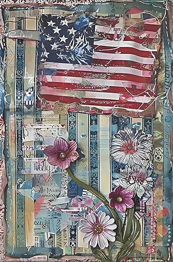 American Flag and Flower Collage Mixed-Media Wall Art, 5 x 7 Inch, Americana Theme, Unmatted