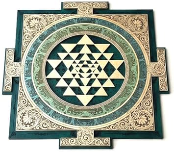 Anatoliawood Sri Yantra Wall Art – Laser Cut Wooden Sacred Geometry Decor, Sri Chakra Meditation Symbol, Green & Gold – 40x40 cm (15.7 Inch)