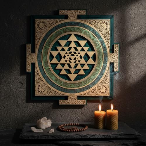 Anatoliawood Sri Yantra Wall Art – Laser Cut Wooden Sacred Geometry Decor, Sri Chakra Meditation Symbol, Green & Gold – 40x40 cm (15.7 Inch)
