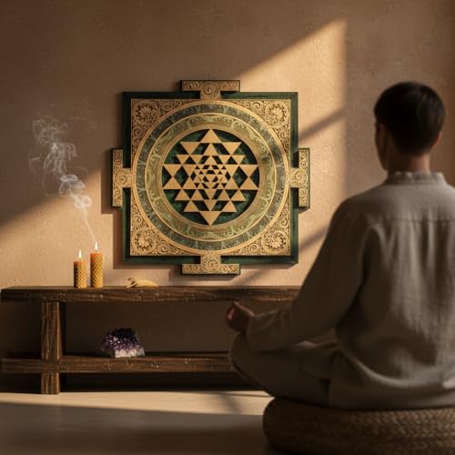 Anatoliawood Sri Yantra Wall Art – Laser Cut Wooden Sacred Geometry Decor, Sri Chakra Meditation Symbol, Green & Gold – 40x40 cm (15.7 Inch)