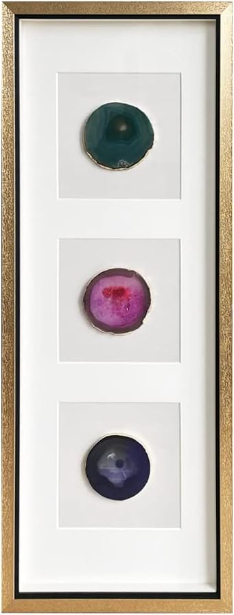 ARTECORS Modern 13x34 inch Trio Multicolor Agate Framed Wall Art Decor 4 inch Golden Plated Geode Stone Artwork for Restaurant Room Bedroom Home Decor