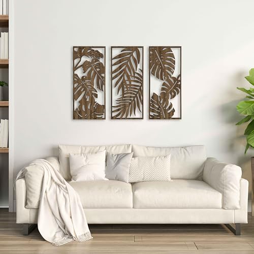 Ent Wood Art Monstera Leaves 3 Piece Wood Wall Art Decor for Bedroom, Living Room, Office; Botanical Wood Wall Panels; Wooden Wall Art Over the Bed
