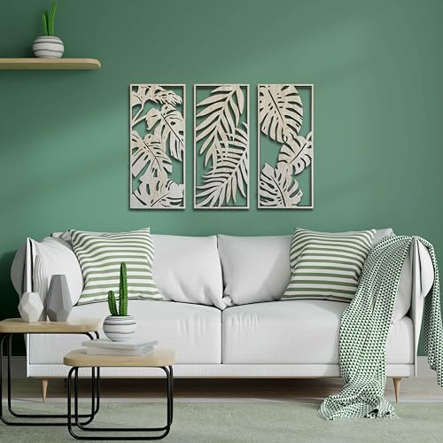Ent Wood Art Monstera Leaves 3 Piece Wood Wall Art Decor for Bedroom, Living Room, Office; Botanical Wood Wall Panels; Wooden Wall Art Over the Bed