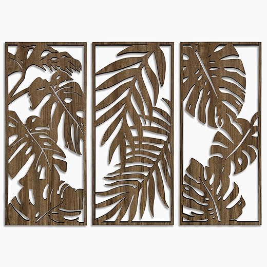 Ent Wood Art Monstera Leaves 3 Piece Wood Wall Art Decor for Bedroom, Living Room, Office; Botanical Wood Wall Panels; Wooden Wall Art Over the Bed
