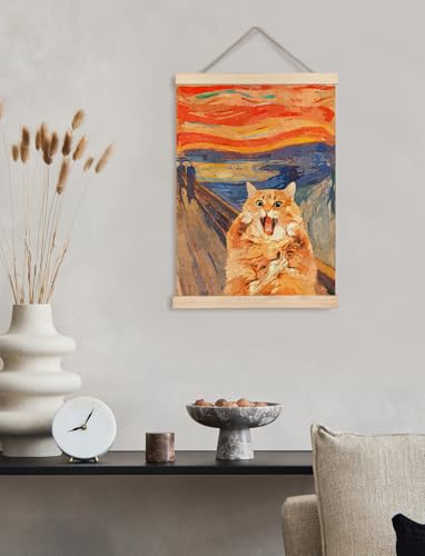 GDJIEGBC Quirky Home Decor Abstract Orange Cat Poster Wall Art Framed, Retro Modern 19th Century Classic Comical Screaming Cat Oil Painting Canvas...