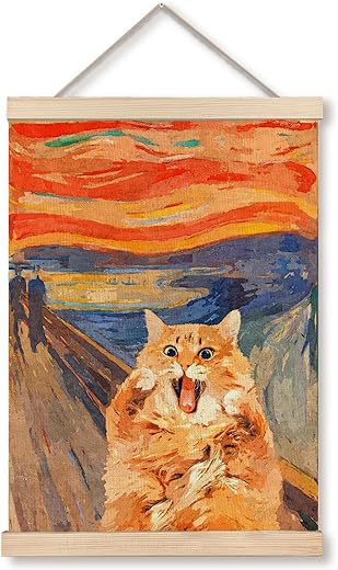 GDJIEGBC Quirky Home Decor Abstract Orange Cat Poster Wall Art Framed, Retro Modern 19th Century Classic Comical Screaming Cat Oil Painting Canvas...