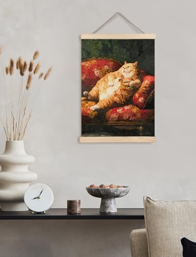 GDJIEGBC Vintage Fat Orange Cat with Hamburger Poster Eclectic Wall Art Framed, Retro Eclectic Funny Lying Cat Classic Oil Painting Canvas Prints...