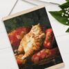 GDJIEGBC Vintage Fat Orange Cat with Hamburger Poster Eclectic Wall Art Framed, Retro Eclectic Funny Lying Cat Classic Oil Painting Canvas Prints...