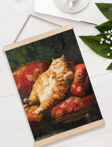 GDJIEGBC Vintage Fat Orange Cat with Hamburger Poster Eclectic Wall Art Framed, Retro Eclectic Funny Lying Cat Classic Oil Painting Canvas Prints...