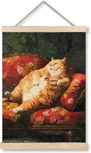 GDJIEGBC Vintage Fat Orange Cat with Hamburger Poster Eclectic Wall Art Framed, Retro Eclectic Funny Lying Cat Classic Oil Painting Canvas Prints...