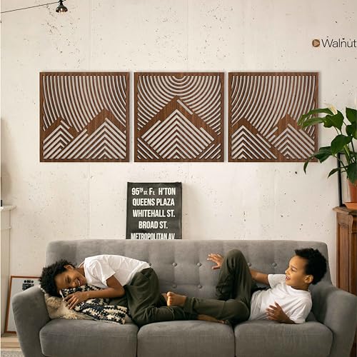 Geometric Mountain Wood Wall Art, Large Wooden Wall Art of Mountains, Wood Wall Decor Over the Bed, 3 Piece Mountain Wall Art, Wood Gift For the Home