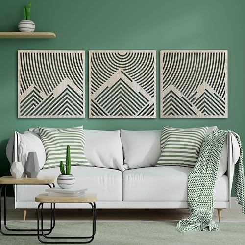 Geometric Mountain Wood Wall Art, Large Wooden Wall Art of Mountains, Wood Wall Decor Over the Bed, 3 Piece Mountain Wall Art, Wood Gift For the Home