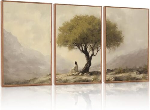 HLNIUC Jesus Sitting Under Olive Tree Canvas Wall Art,Religious Christian Wall Decor(16x24x3),Easter God Bible Story Framed Artwork,Vintage Garden...
