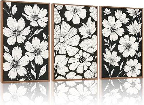 HLNIUC Vintage Floral Wall Art Canvas,Modern Black White Flower Artwork,Neutral Wildflower Wall Art Framed,Miinimalist Plant Painting,Retor...