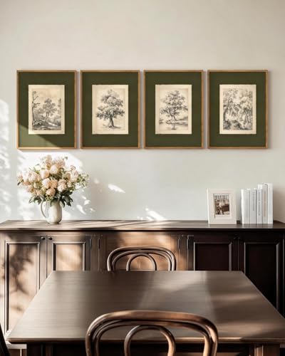 InSimSea 4 pcs Framed Wall Art, Vintage Sketch Tree Canvas Prints, Bathroom Kitchen Sage Green Nature Decor, Neutral Toned, Rustic Shelf Decor,...