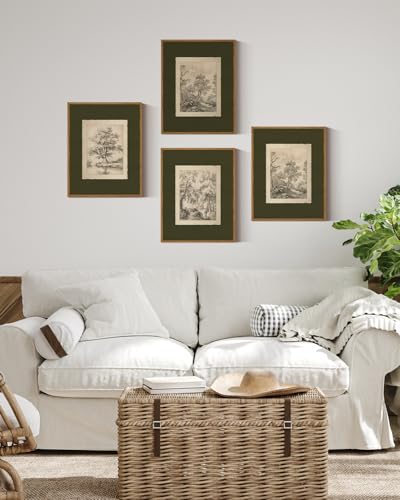 InSimSea 4 pcs Framed Wall Art, Vintage Sketch Tree Canvas Prints, Bathroom Kitchen Sage Green Nature Decor, Neutral Toned, Rustic Shelf Decor,...