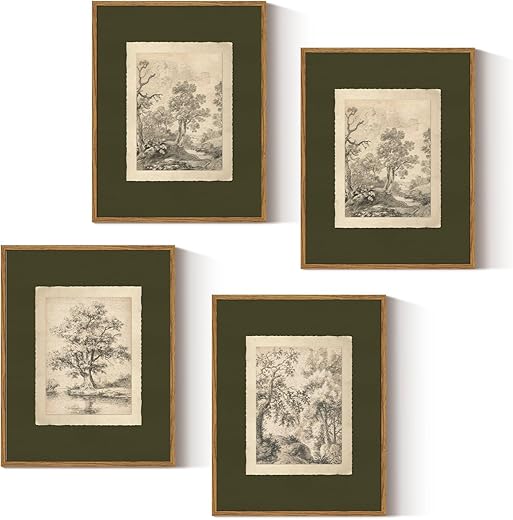 InSimSea 4 pcs Framed Wall Art, Vintage Sketch Tree Canvas Prints, Bathroom Kitchen Sage Green Nature Decor, Neutral Toned, Rustic Shelf Decor,...