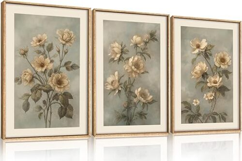 KAIRNE Vintage Botanical Flower Framed Canvas Wall Art Set,Boho Green Beige Floral Wall Decor,Rustic Wildflower Art Prints,Modern Minimalist...