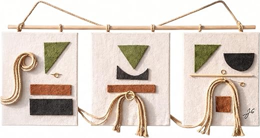 Kalpaa Handmade Mixed Media Macrame Wall Hanging Art Decor - Wabi Sabi Large Hanging rope Tapestry 40" W by 18" L,3D Geometric Triptych for Modern...