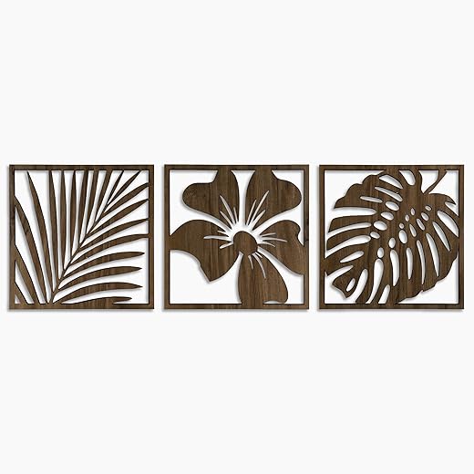 Monstera leaves wood wall art decor, 3 piece floral wooden wall hanging, Large leaf wood wall decor for living room and bedroom