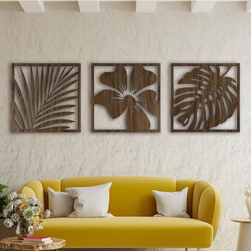 Monstera leaves wood wall art decor, 3 piece floral wooden wall hanging, Large leaf wood wall decor for living room and bedroom
