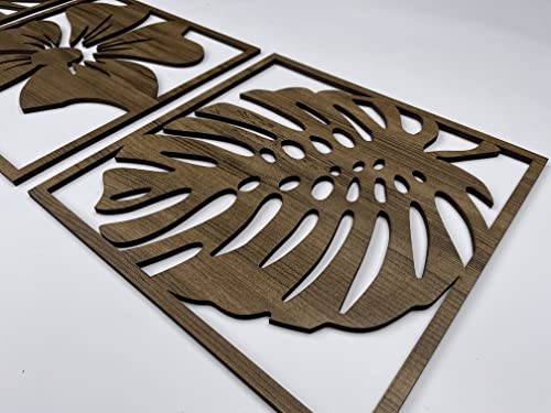 Monstera leaves wood wall art decor, 3 piece floral wooden wall hanging, Large leaf wood wall decor for living room and bedroom