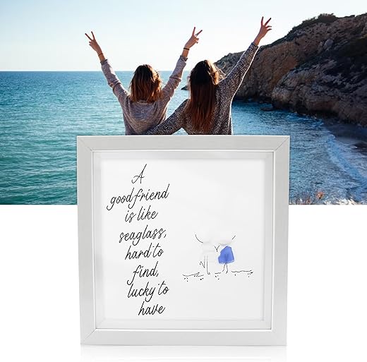 Sea Glass Art Best Friend Gift, Handmade Framed Sea Glass Decor, Friendship Keepsake Picture Frame for Shelf, Desk or Window