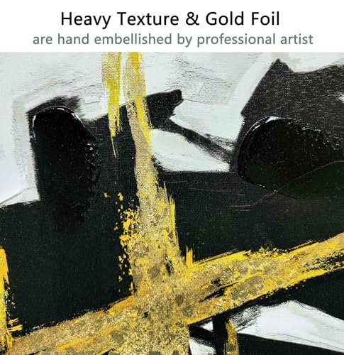 Sofoney - Gold Framed Black and Gold Abstract Wall Art with Hand Painted Texture and Gold Foil, Modern Black and White Brushstroke Canvas Wall...