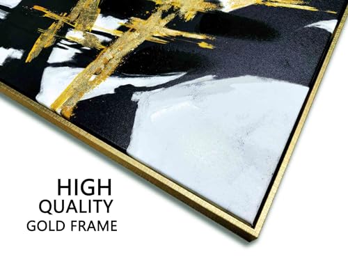 Sofoney - Gold Framed Black and Gold Abstract Wall Art with Hand Painted Texture and Gold Foil, Modern Black and White Brushstroke Canvas Wall...