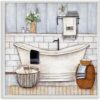 Stupell Industries Bathroom Farmhouse Style Tub Neutral Grey Drawing, Design by Yellow Café White Framed Wall Art, 24 x 24, Blue
