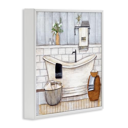 Stupell Industries Bathroom Farmhouse Style Tub Neutral Grey Drawing, Design by Yellow Café White Framed Wall Art, 24 x 24, Blue