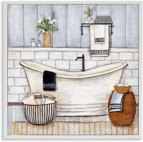 Stupell Industries Bathroom Farmhouse Style Tub Neutral Grey Drawing, Design by Yellow Café White Framed Wall Art, 24 x 24, Blue Stupell Industries Bathroom Farmhouse Style Tub Neutral Grey Drawing, Design by Yellow Café White Framed Wall Art, 24 x 24, Blue