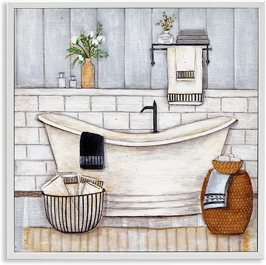 Stupell Industries Bathroom Farmhouse Style Tub Neutral Grey Drawing, Design by Yellow Café White Framed Wall Art, 24 x 24, Blue