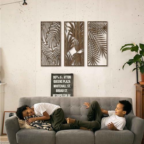 Tropical Leaves Wood Wall Art for Living Room, Botanical Wall Art Wood Panel, Hawaiian Wall Art Decor Over the Bed Set of 3, Gift for the Home Decor