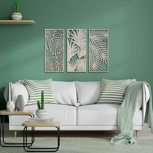 Tropical Leaves Wood Wall Art for Living Room, Botanical Wall Art Wood Panel, Hawaiian Wall Art Decor Over the Bed Set of 3, Gift for the Home Decor