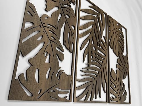 Wood Wall Art of Monstera Leaves, Tropical 3 Piece Wood Wall Decor for Bedroom, Botanical Wood Wall Panels for Living Room, Wooden Wall Art Decor Gift