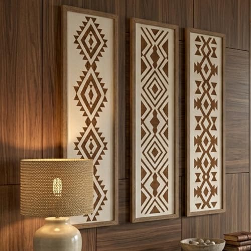X DELUXE Minimalist Aztec Wood Wall Decor Set of 3 Geometric Scandinavian Boho Hanging Panels for Living Room Bedroom Hallway Office Modern Tribal...